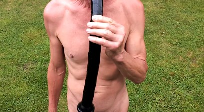 naked pathetic slave pee outdoor, party guests watch dildo bulge belly button, CMNM
