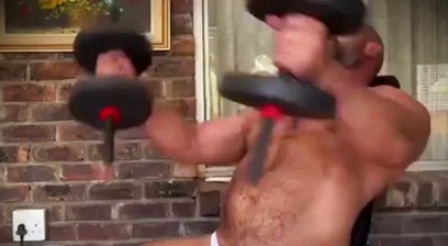 Nearly Naked Daddy Lifting Weights