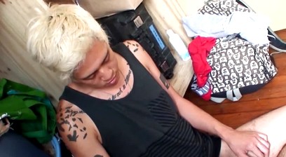 Blond Japanese twink toys ass while jerking cock
