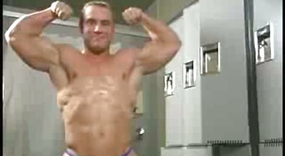 Hot Blonde Bodybuilder Oiling Himself Up In The Locker Room