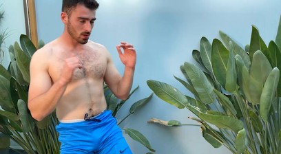 Hairy Young Muscular Hunk Wanks his Big Uncut Cock & Shoots Cum all over his Shorts!