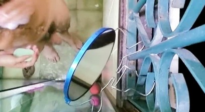 Hairy guy caught having a great time in the company bathroom.